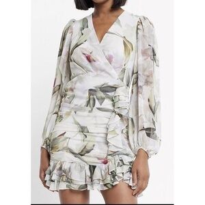 Express Floral Ruched Mini Dress with Balloon Sleeves